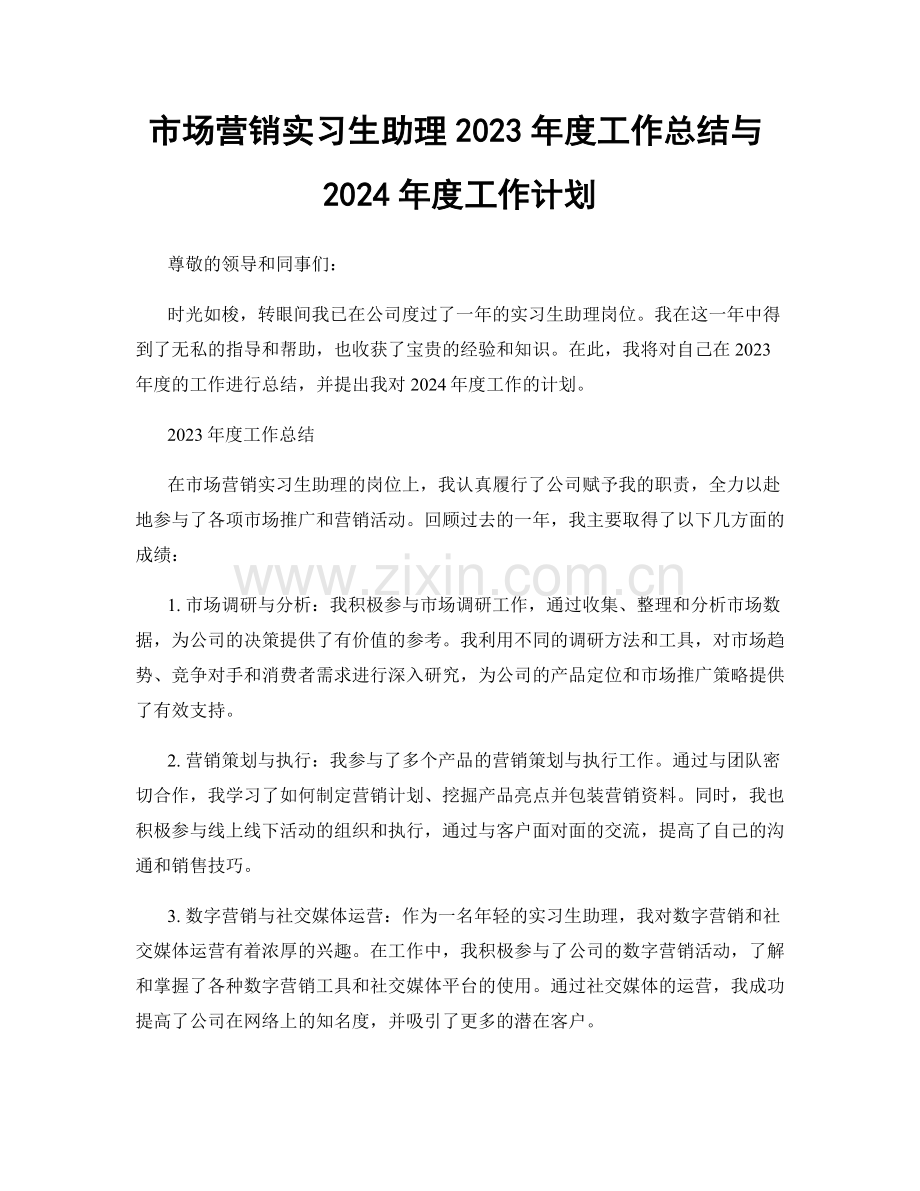 市场营销实习生助理2023年度工作总结与2024年度工作计划.docx_第1页