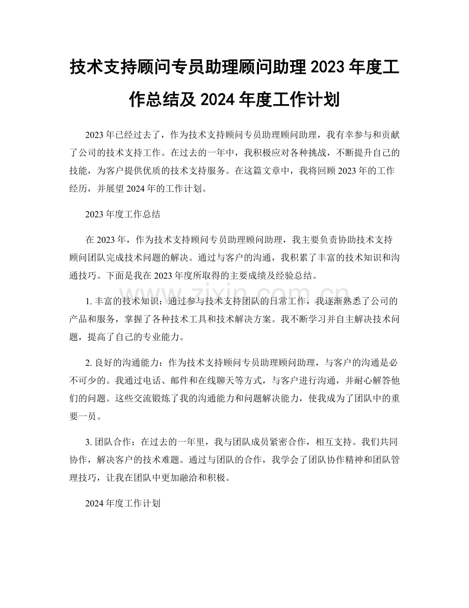 技术支持顾问专员助理顾问助理2023年度工作总结及2024年度工作计划.docx_第1页