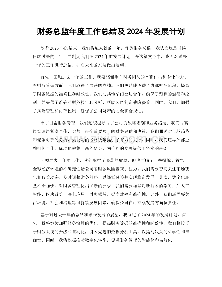 财务总监年度工作总结及2024年发展计划.docx_第1页