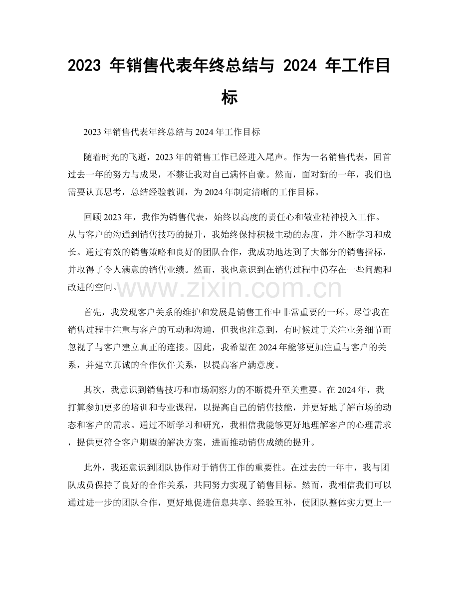 2023 年销售代表年终总结与 2024 年工作目标.docx_第1页