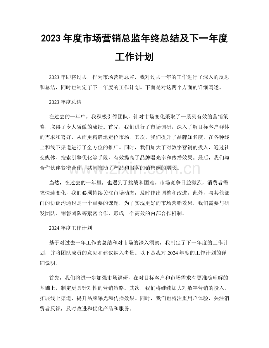 2023年度市场营销总监年终总结及下一年度工作计划.docx_第1页