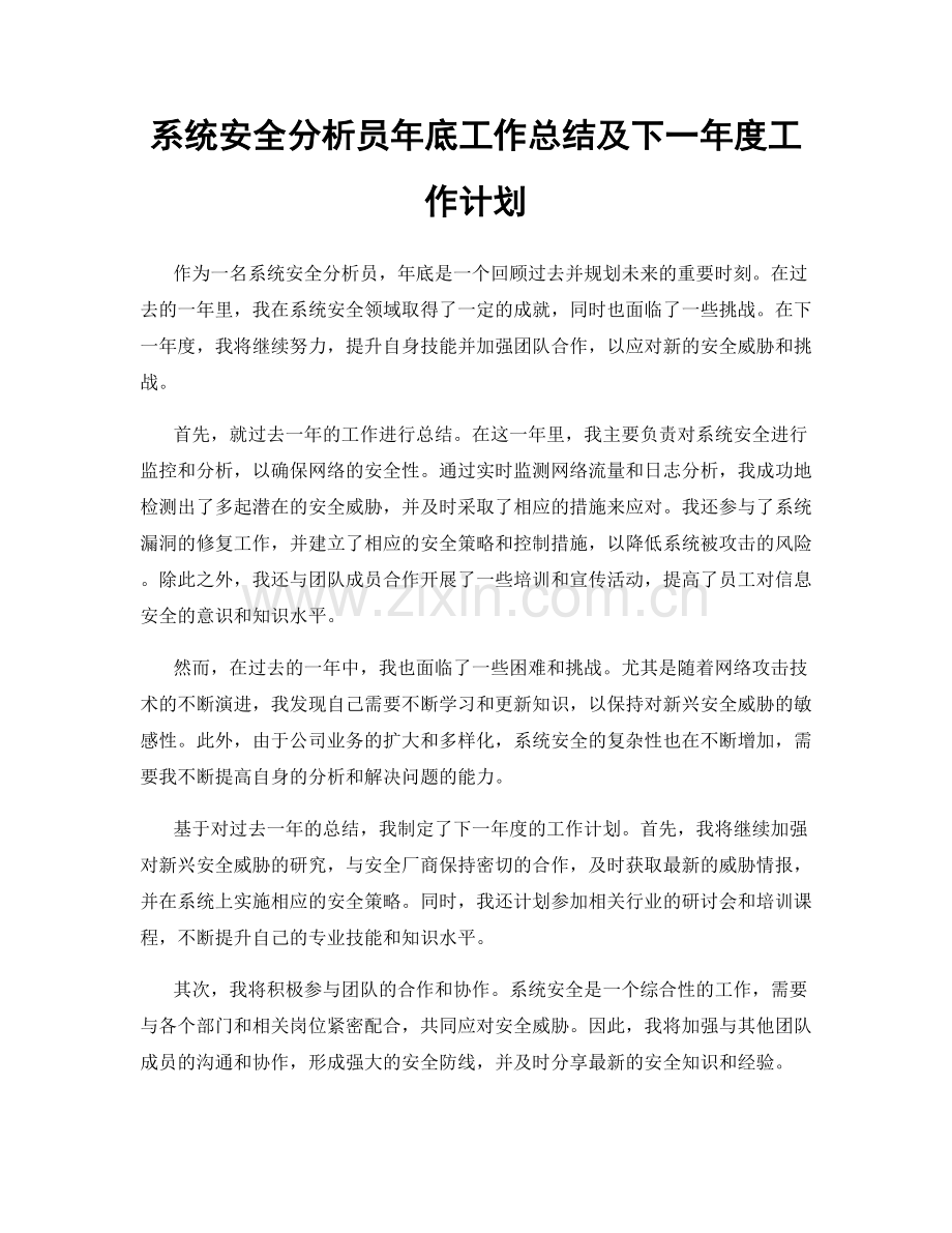 系统安全分析员年底工作总结及下一年度工作计划.docx_第1页