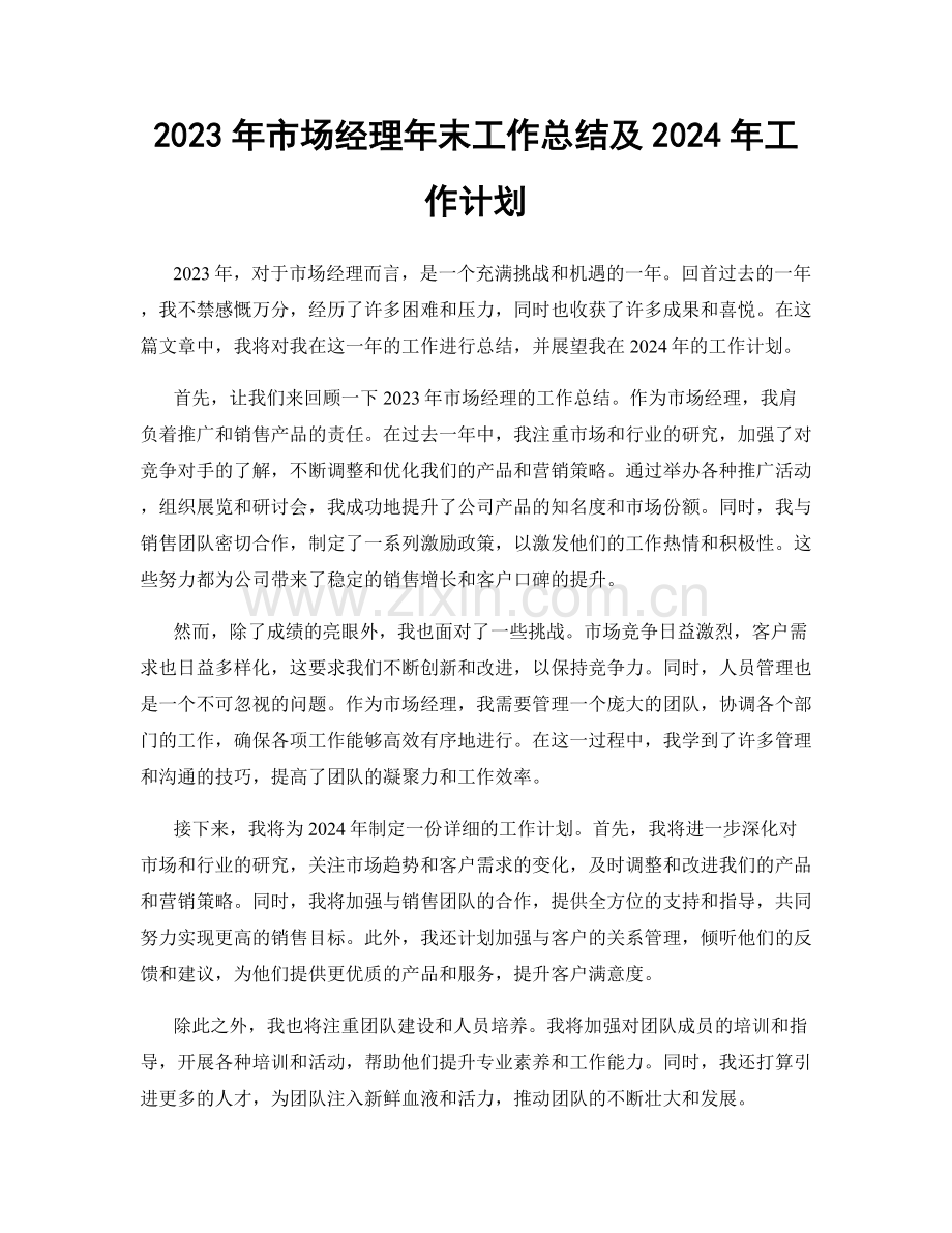 2023年市场经理年末工作总结及2024年工作计划.docx_第1页