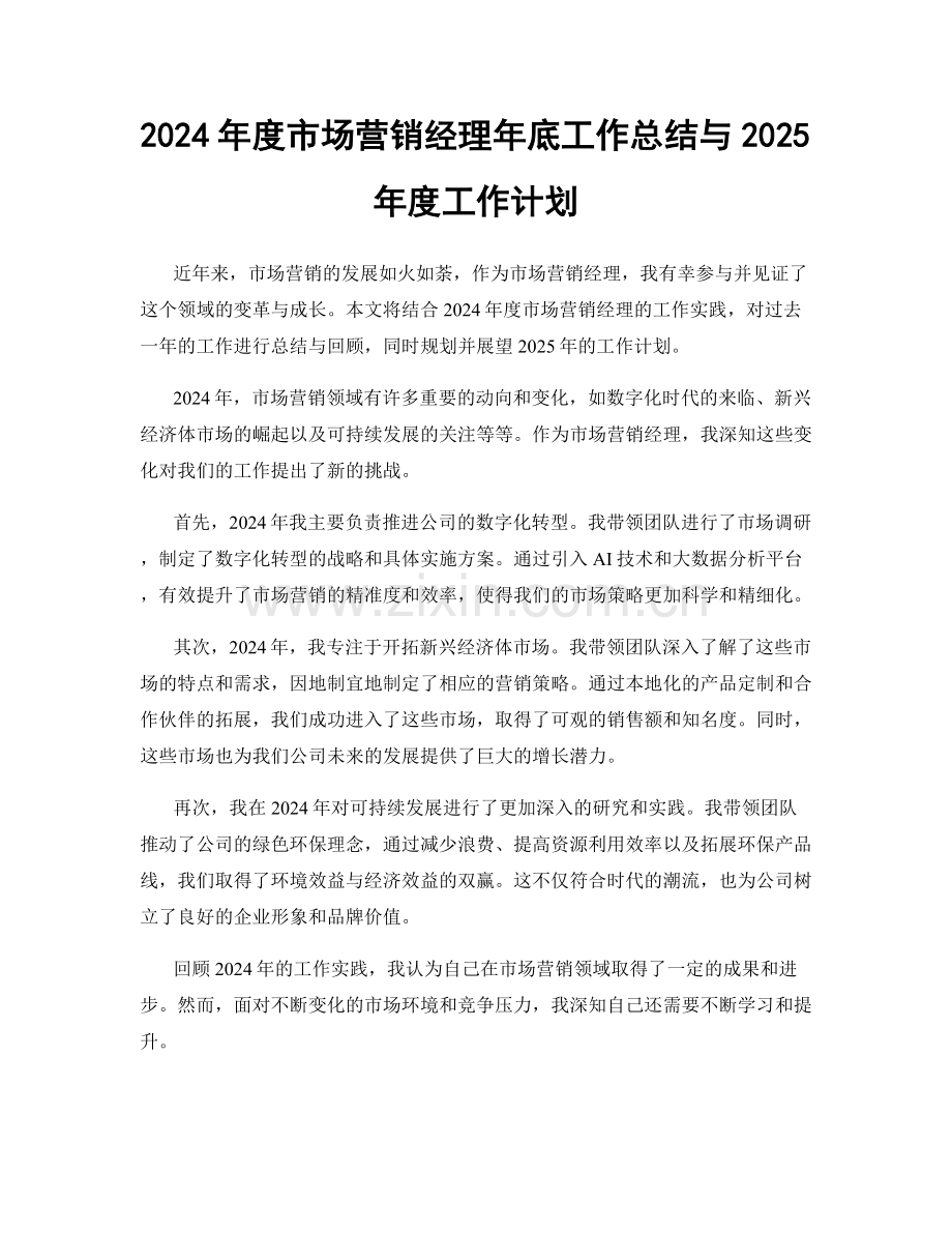 2024年度市场营销经理年底工作总结与2025年度工作计划.docx_第1页