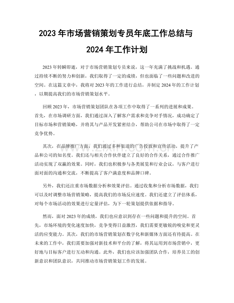 2023年市场营销策划专员年底工作总结与2024年工作计划.docx_第1页