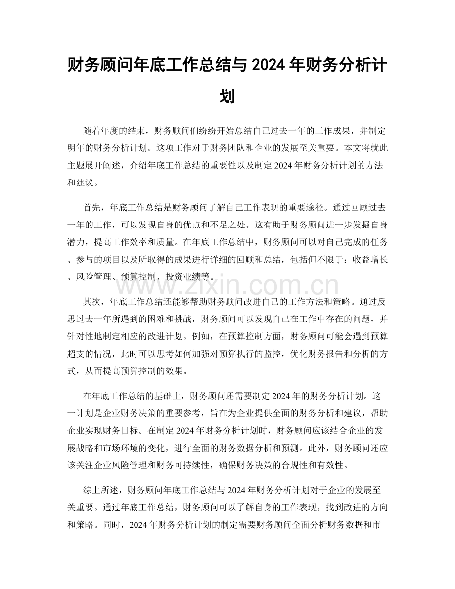 财务顾问年底工作总结与2024年财务分析计划.docx_第1页