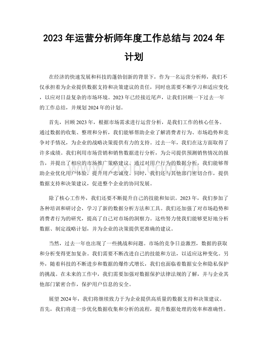 2023年运营分析师年度工作总结与2024年计划.docx_第1页