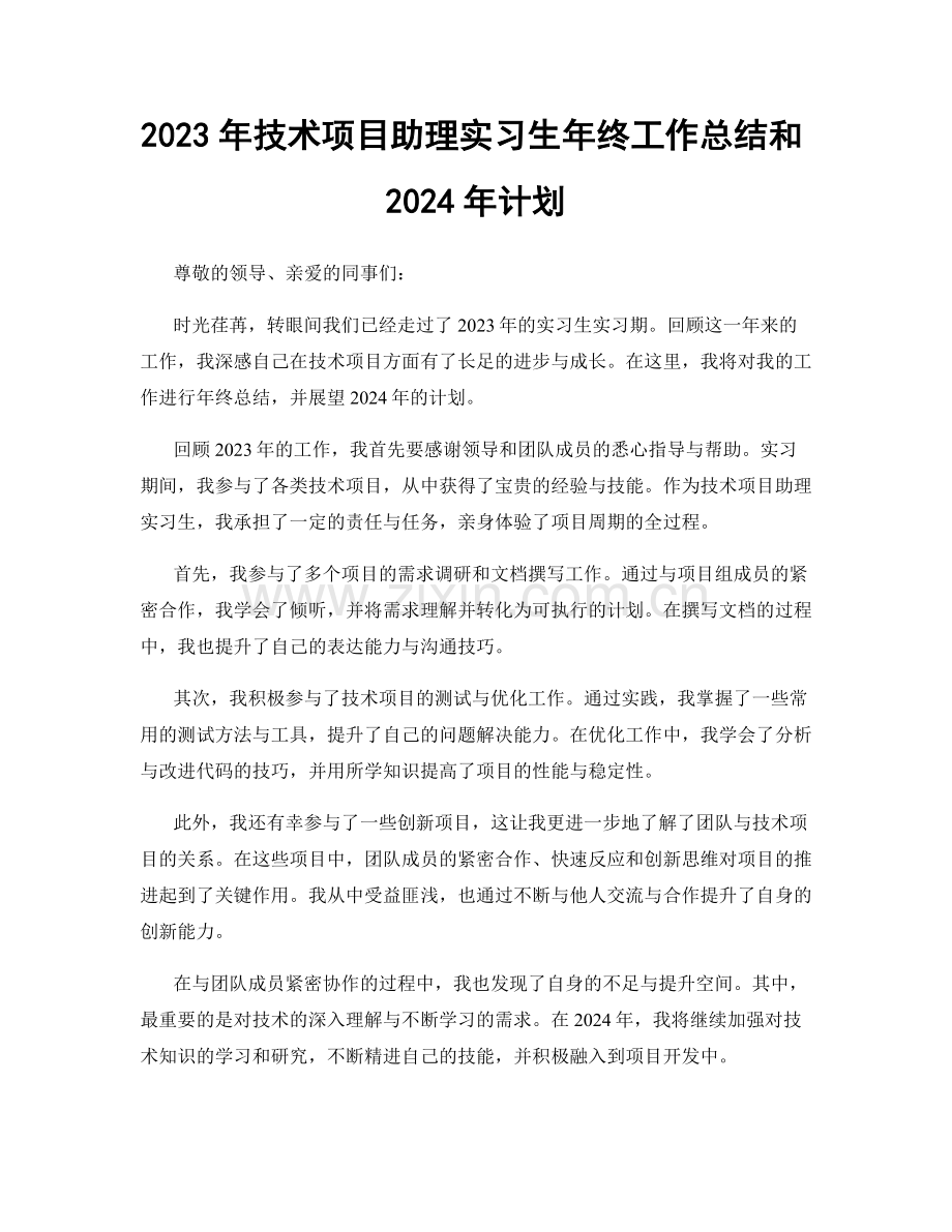 2023年技术项目助理实习生年终工作总结和2024年计划.docx_第1页