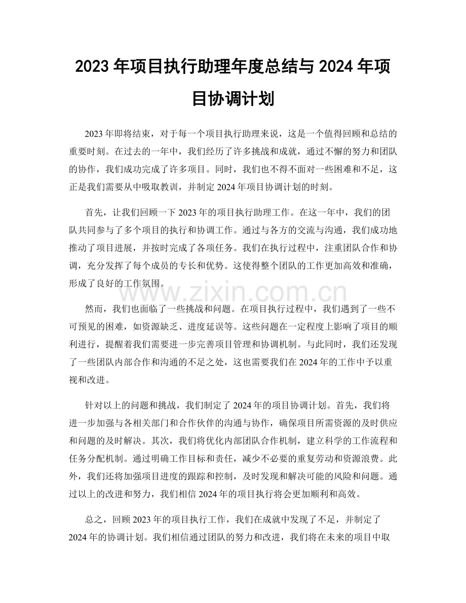 2023年项目执行助理年度总结与2024年项目协调计划.docx_第1页