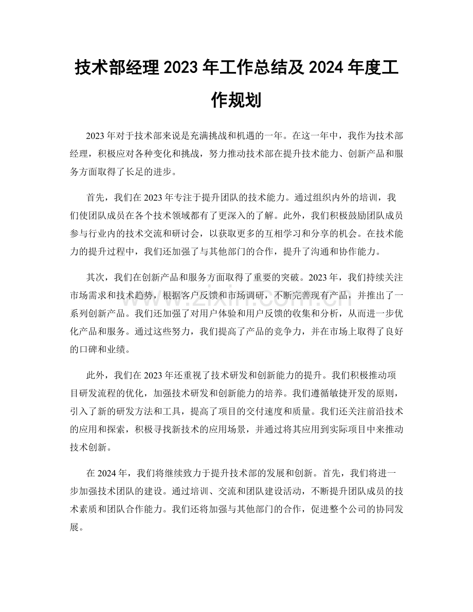 技术部经理2023年工作总结及2024年度工作规划.docx_第1页