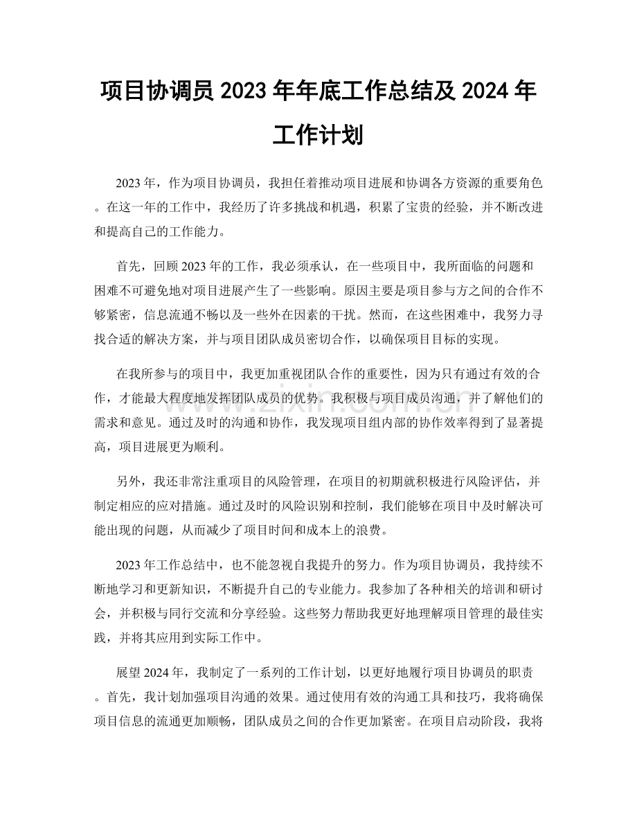 项目协调员2023年年底工作总结及2024年工作计划.docx_第1页