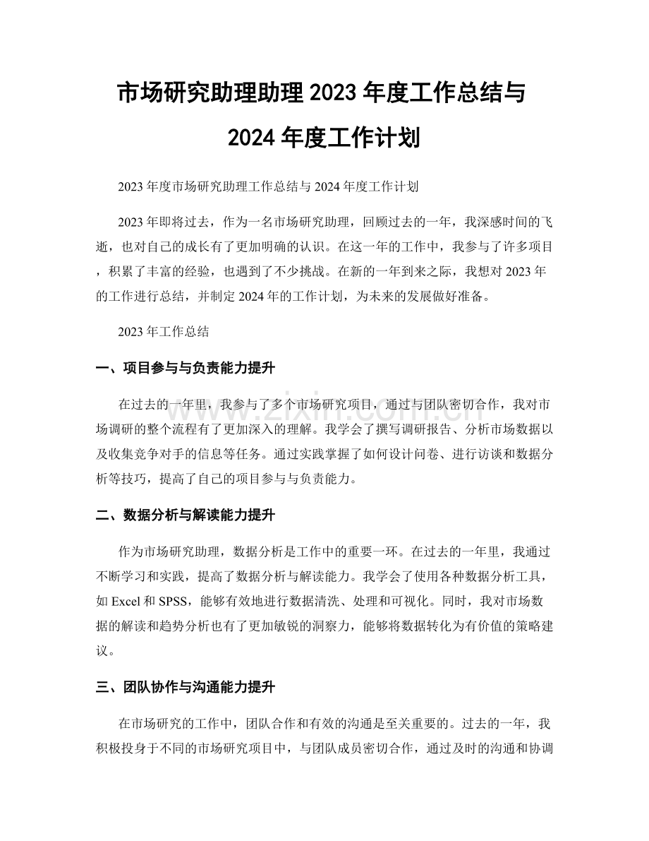 市场研究助理助理2023年度工作总结与2024年度工作计划.docx_第1页