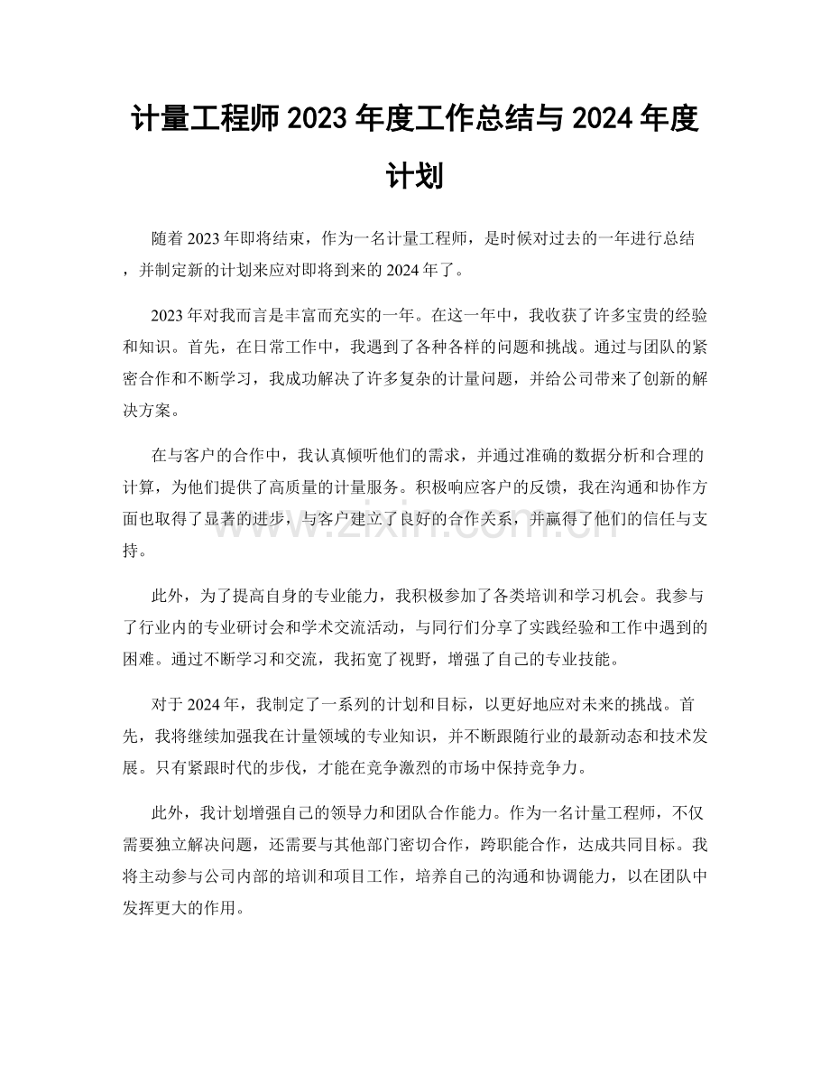 计量工程师2023年度工作总结与2024年度计划.docx_第1页