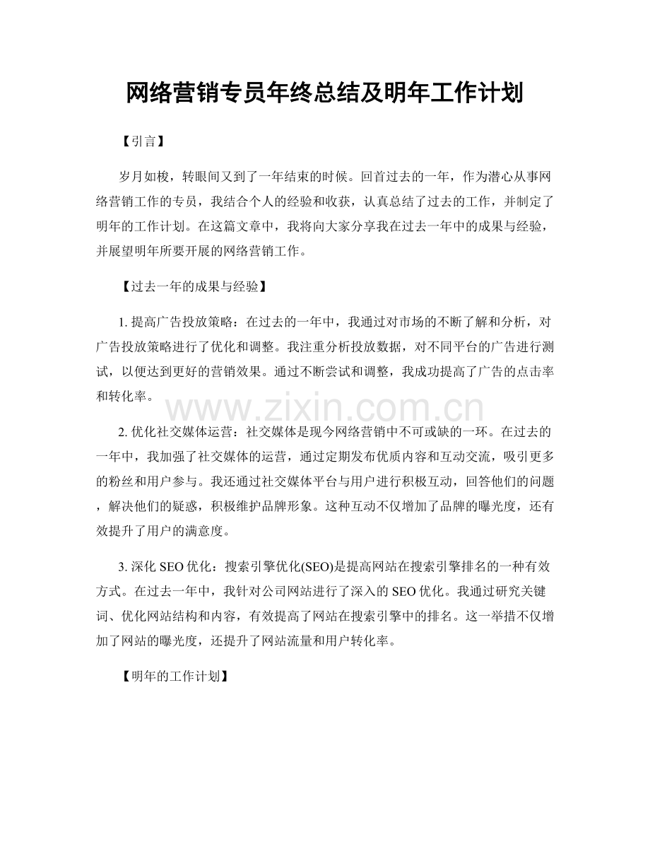 网络营销专员年终总结及明年工作计划.docx_第1页