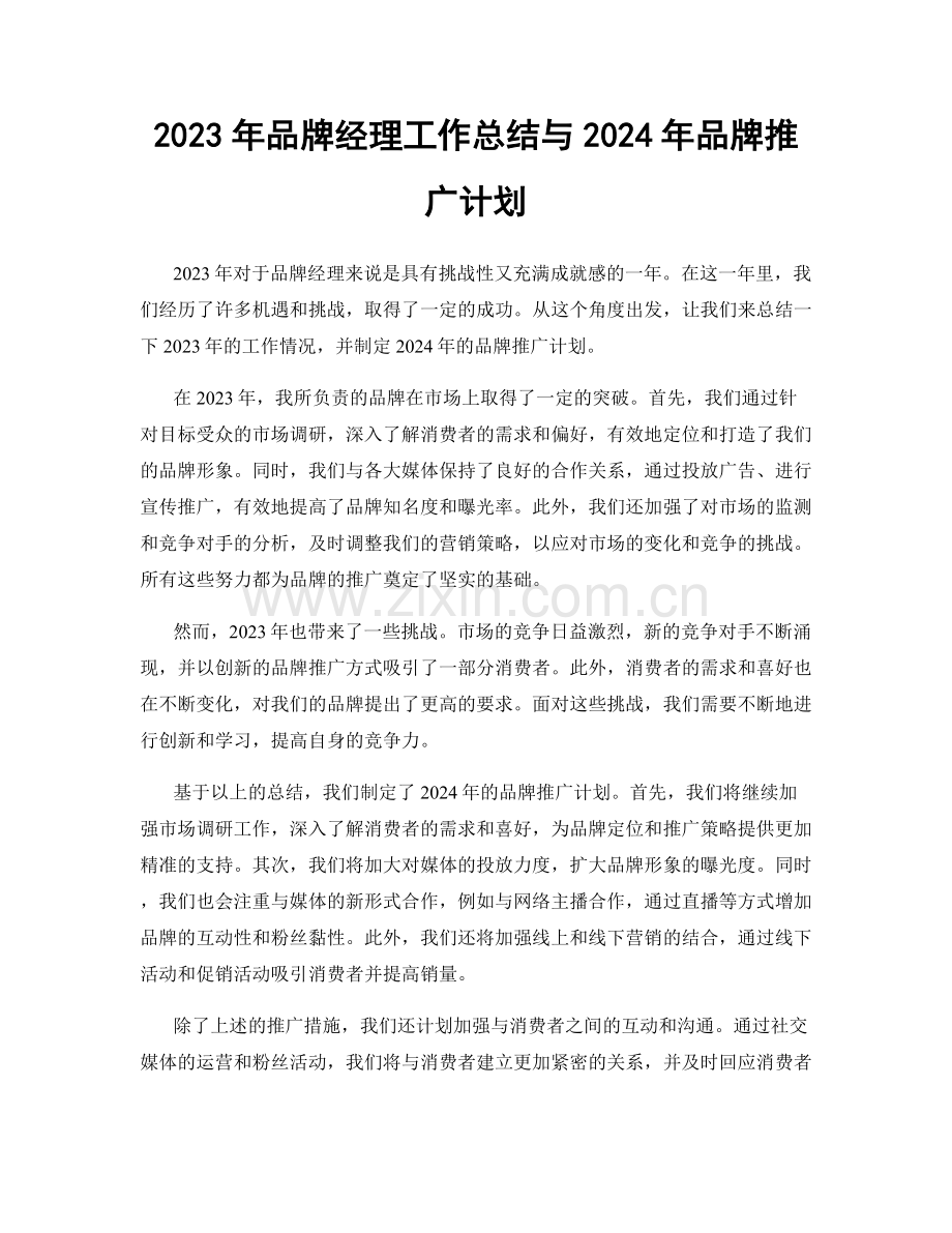 2023年品牌经理工作总结与2024年品牌推广计划.docx_第1页