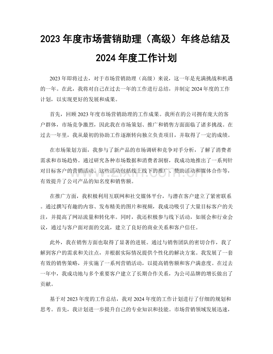 2023年度市场营销助理（高级）年终总结及2024年度工作计划.docx_第1页