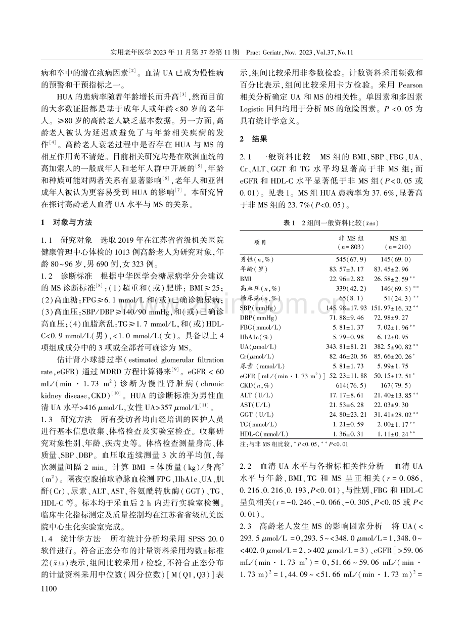 高龄老人血清尿酸水平与代谢综合征的相关性分析.pdf_第2页