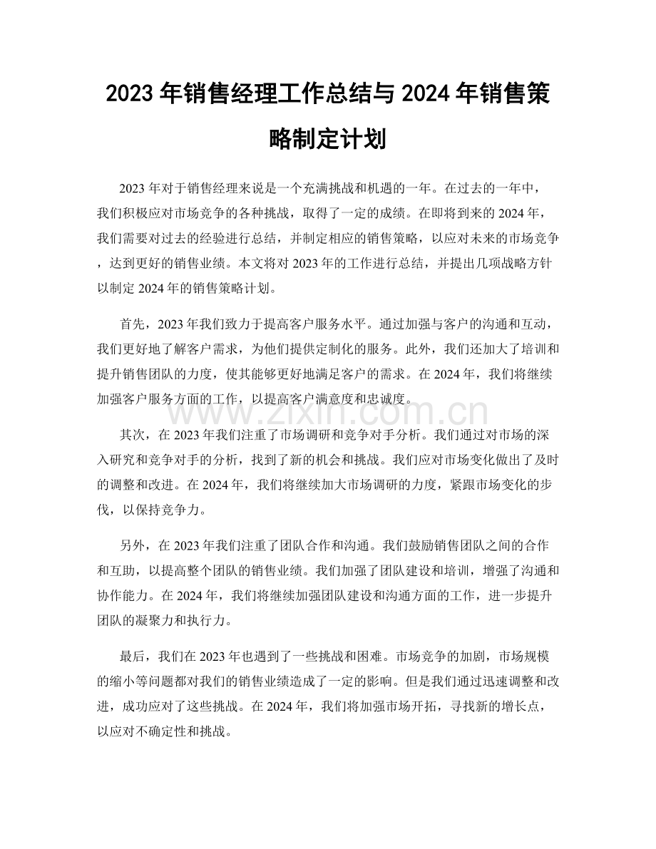 2023年销售经理工作总结与2024年销售策略制定计划.docx_第1页