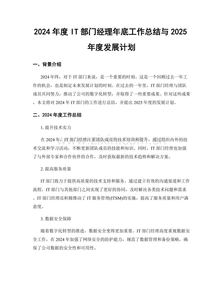 2024年度IT部门经理年底工作总结与2025年度发展计划.docx_第1页