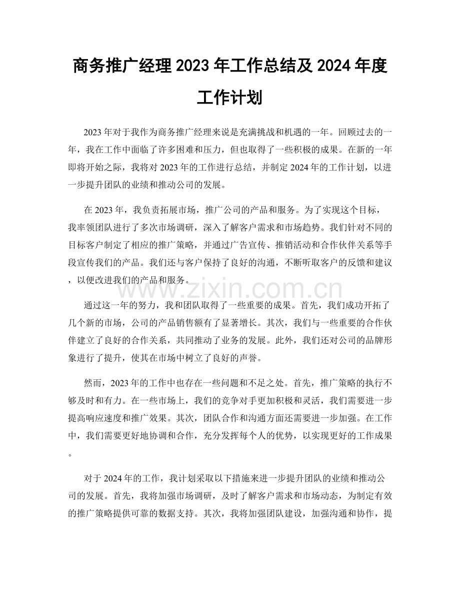 商务推广经理2023年工作总结及2024年度工作计划.docx_第1页