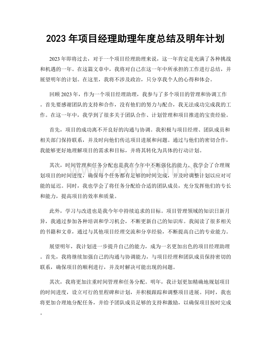 2023年项目经理助理年度总结及明年计划.docx_第1页