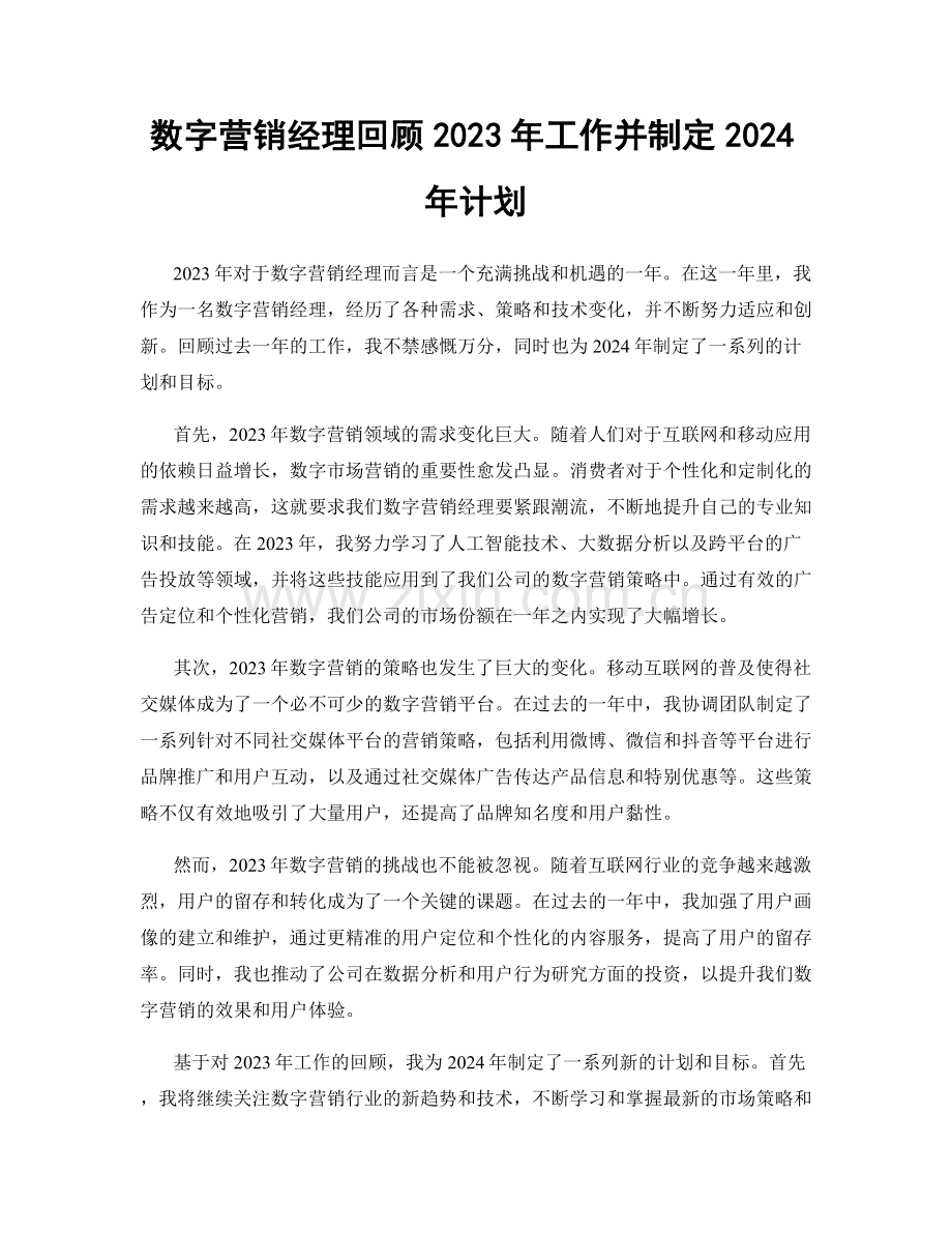 数字营销经理回顾2023年工作并制定2024年计划.docx_第1页