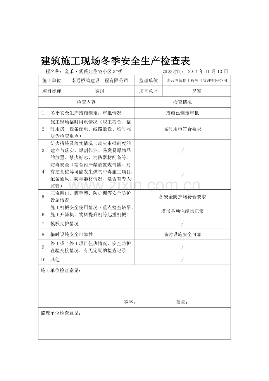 建筑施工现场冬季安全生产检查表..doc_第1页