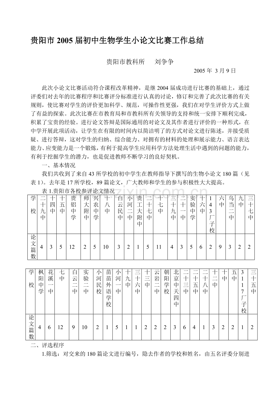 贵阳市2005届初中生物学生小论文比赛工作总结.doc_第1页