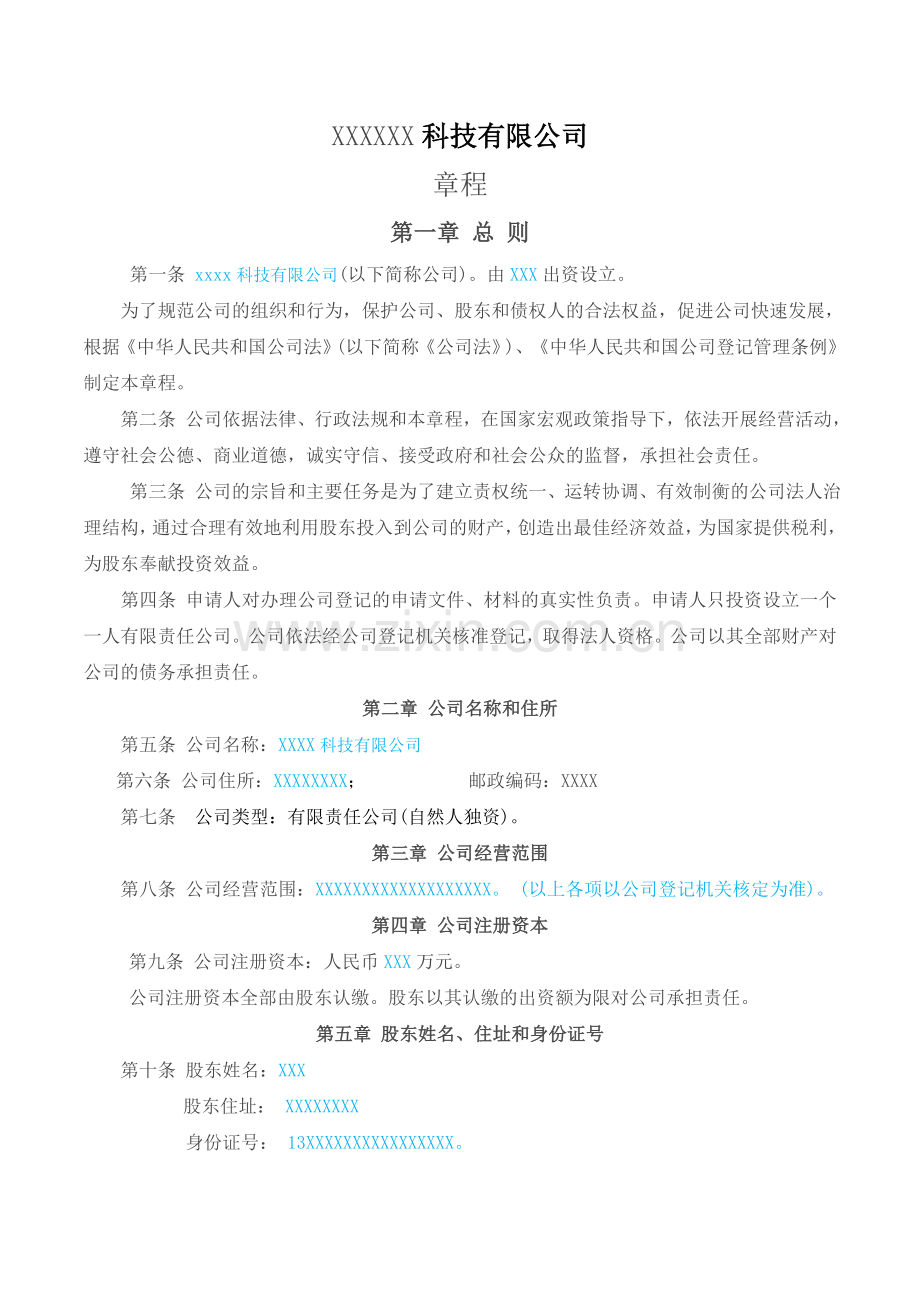 XXXX科技有限公司章程.doc_第1页