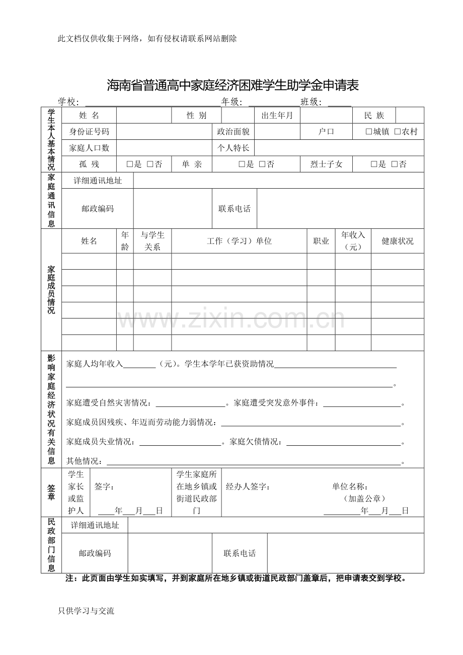 海南省普通高中家庭经济困难学生助学金申请表培训讲学.doc_第1页