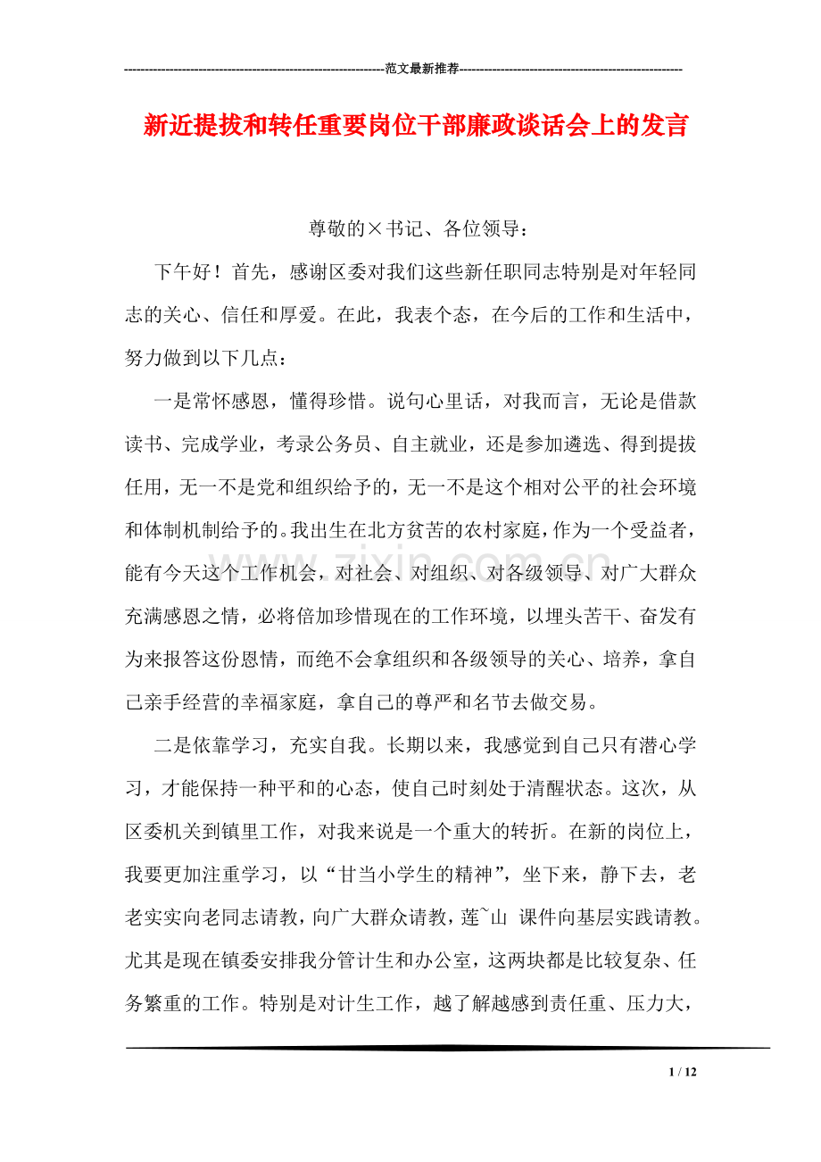 新近提拔和转任重要岗位干部廉政谈话会上的发言.doc_第1页