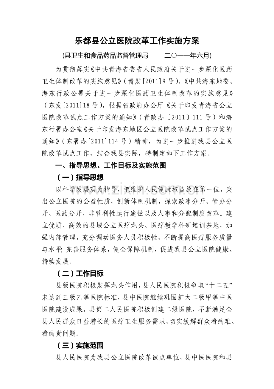 《乐都县公立医院改革工作实施方案》1.doc_第1页