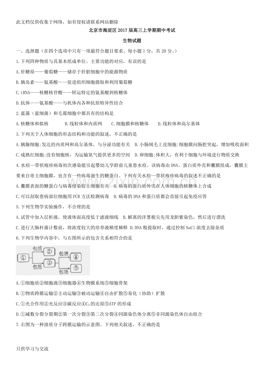 海淀区届高三上学期期中考试生物试题复习进程.doc_第1页