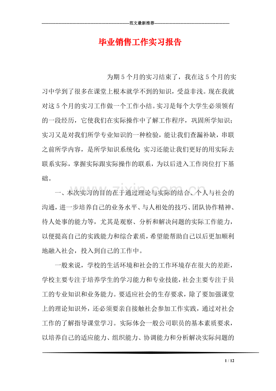 毕业销售工作实习报告.doc_第1页