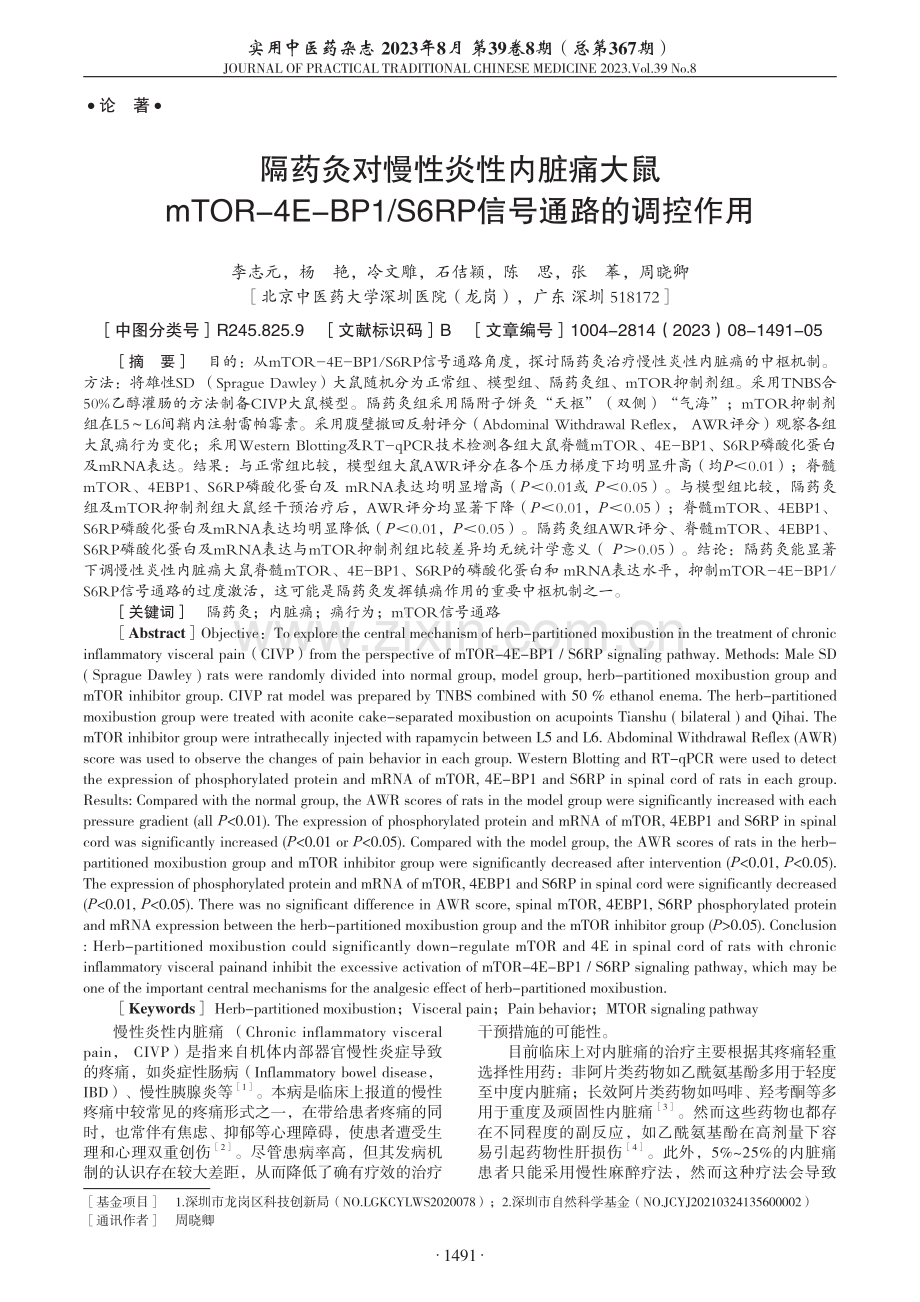 隔药灸对慢性炎性内脏痛大鼠mTOR-4E-BP1_S6RP信号通路的调控作用.pdf_第1页