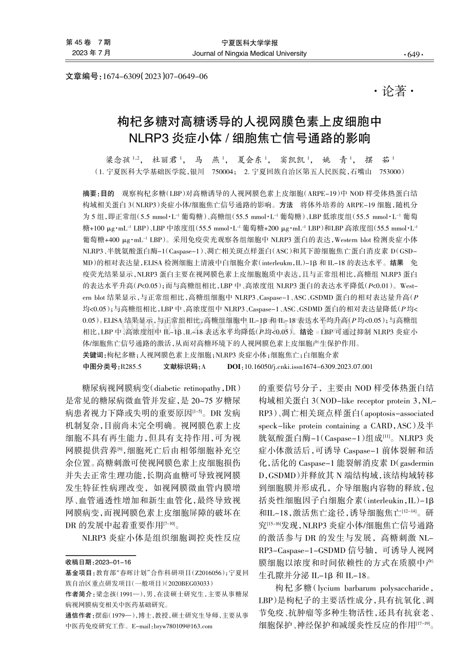 枸杞多糖对高糖诱导的人视网膜色素上皮细胞中NLRP3炎症小体_细胞焦亡信号通路的影响.pdf_第1页