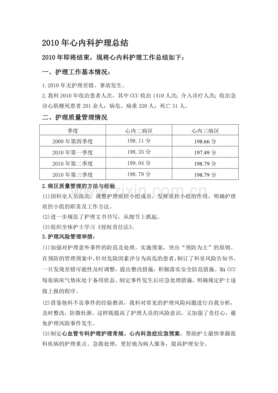 2010年心内科护理总结.doc_第1页