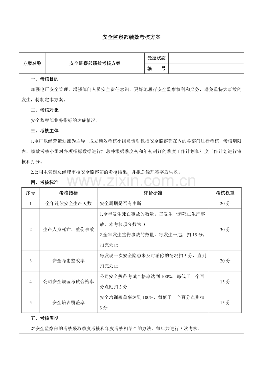 电力企业安全监察部绩效考核方案-范本.doc_第1页