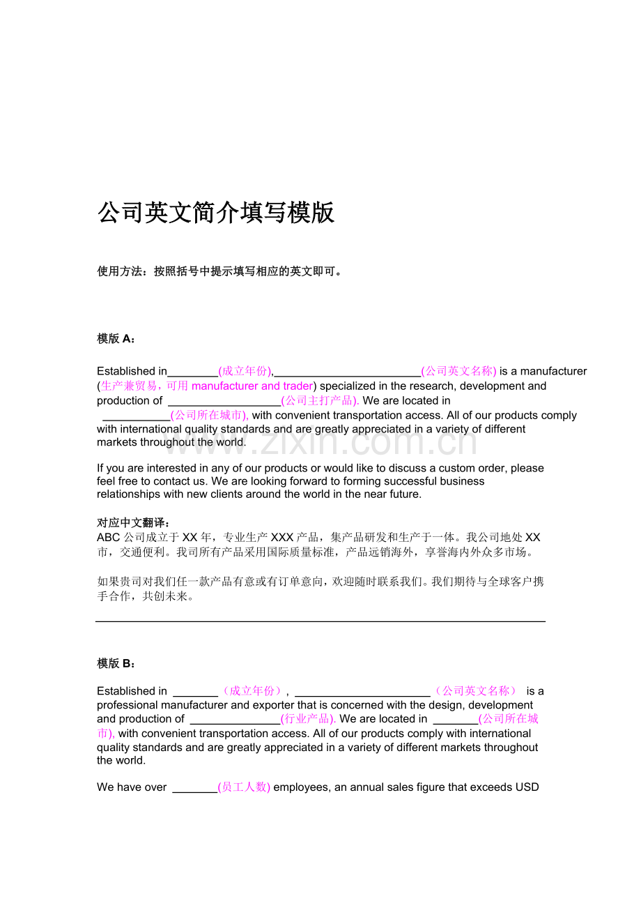 公司英文简介填写模版.doc_第1页