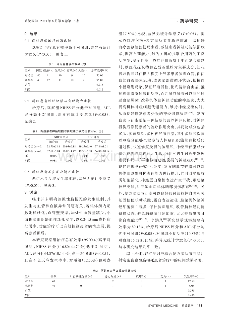 谷红注射液联合复方脑肽节苷脂注射液治疗腔隙性脑梗死患者的疗效分析.pdf_第3页