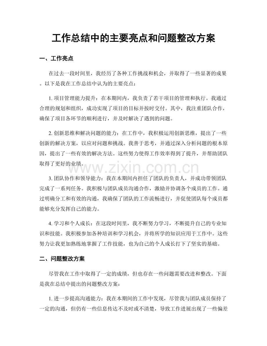 工作总结中的主要亮点和问题整改方案.docx_第1页