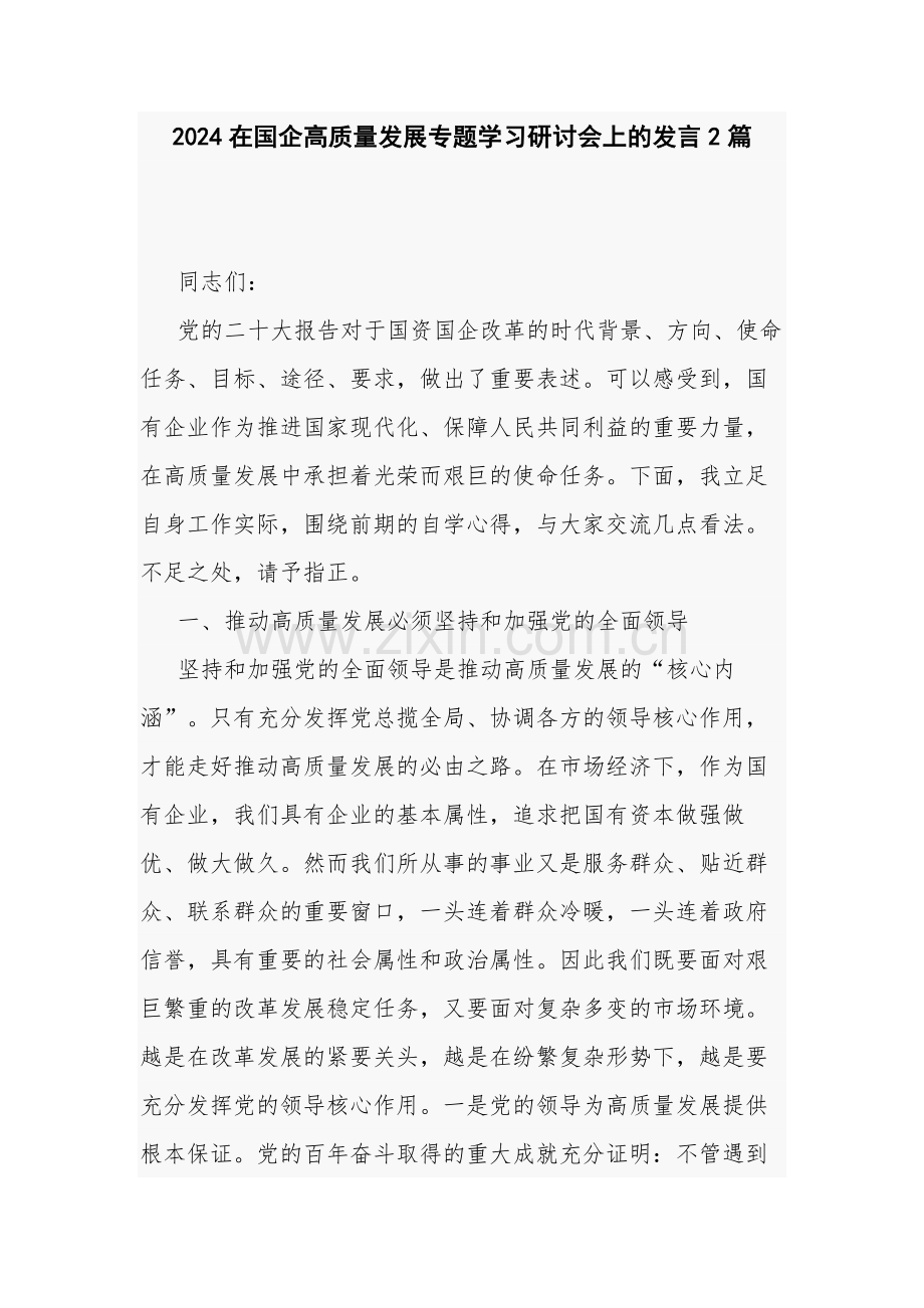 2024在国企高质量发展专题学习研讨会上的发言2篇.docx_第1页