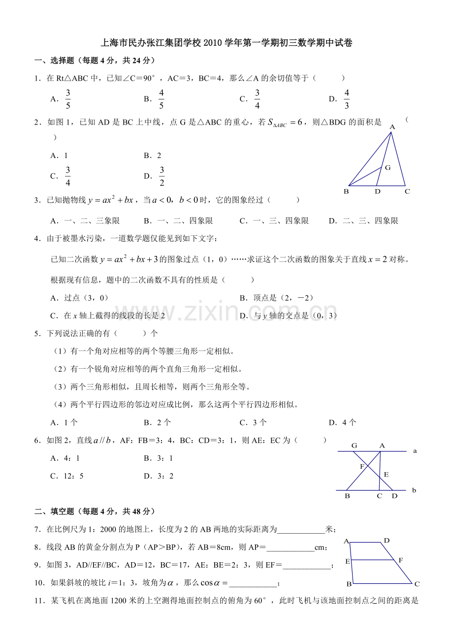 上海市民办张江集团学校第一学期初三数学期中试卷.doc_第1页