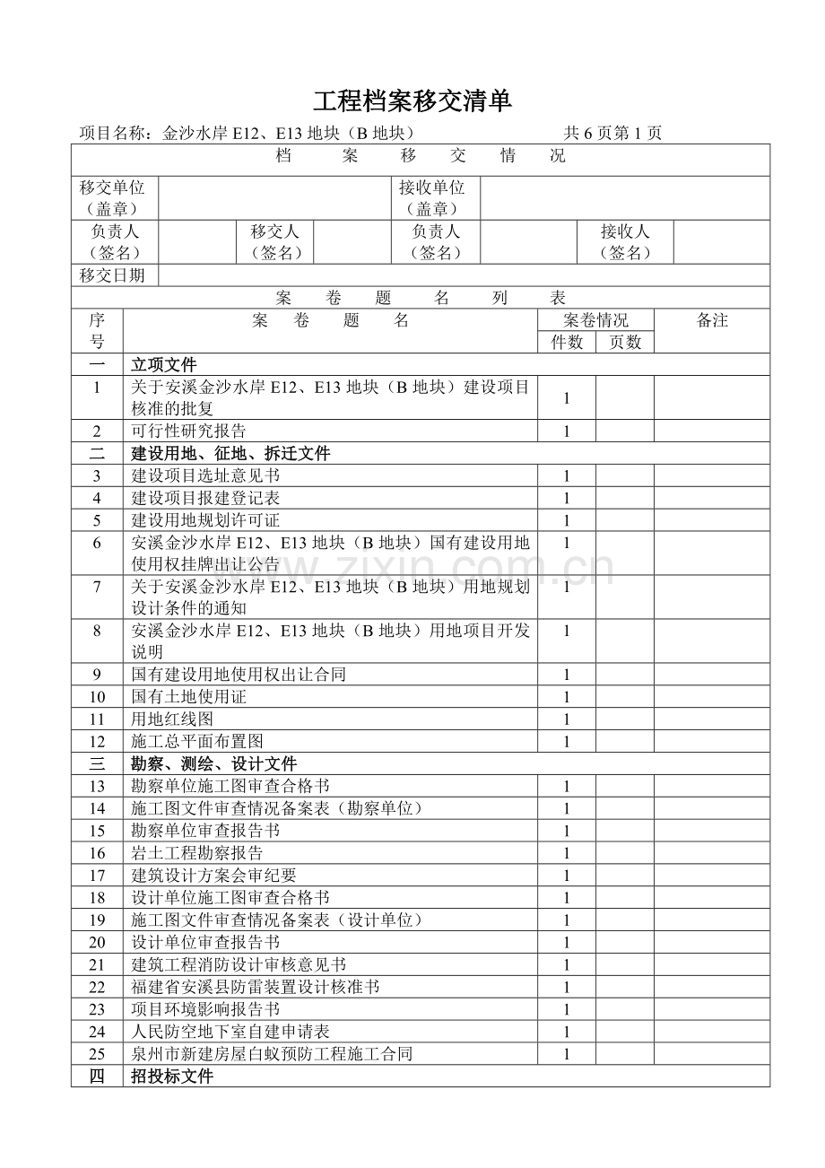 工程竣工资料移交建设档案馆移交清单.doc_第1页