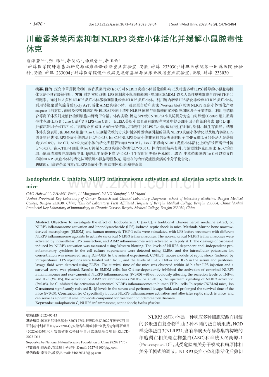 川藏香茶菜丙素抑制NLRP3炎症小体活化并缓解小鼠脓毒性休克.pdf_第1页