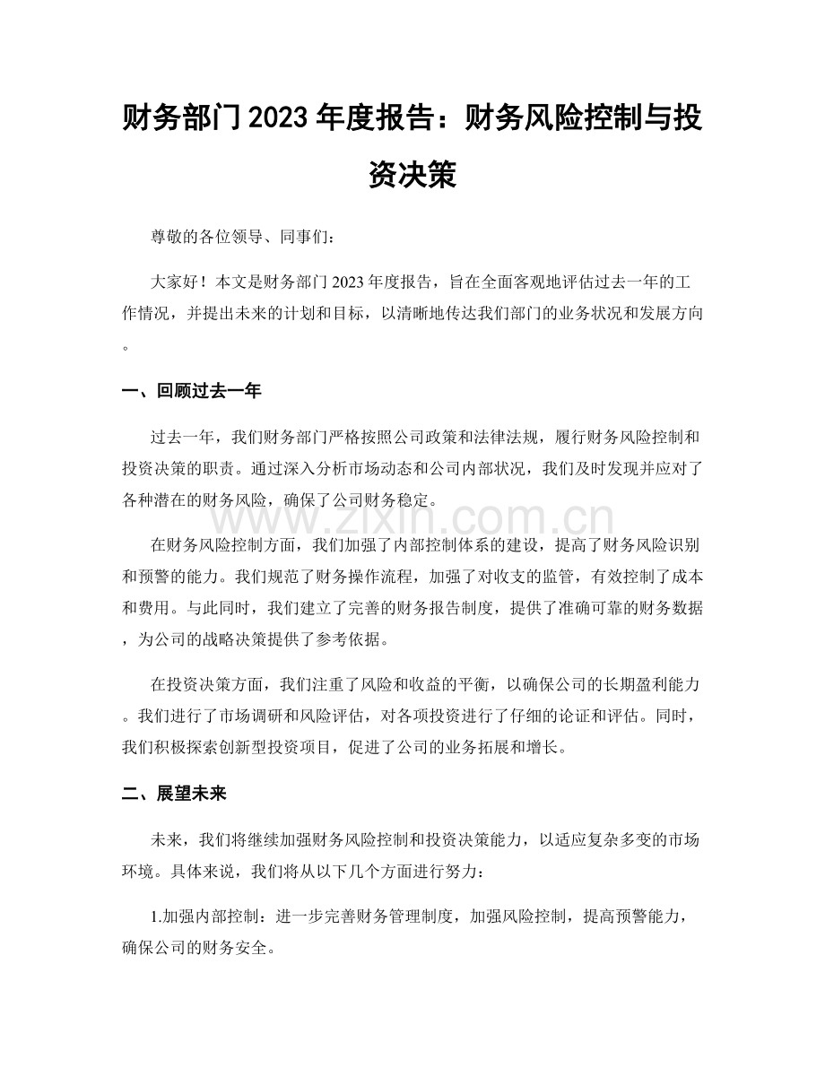 财务部门2023年度报告：财务风险控制与投资决策.docx_第1页