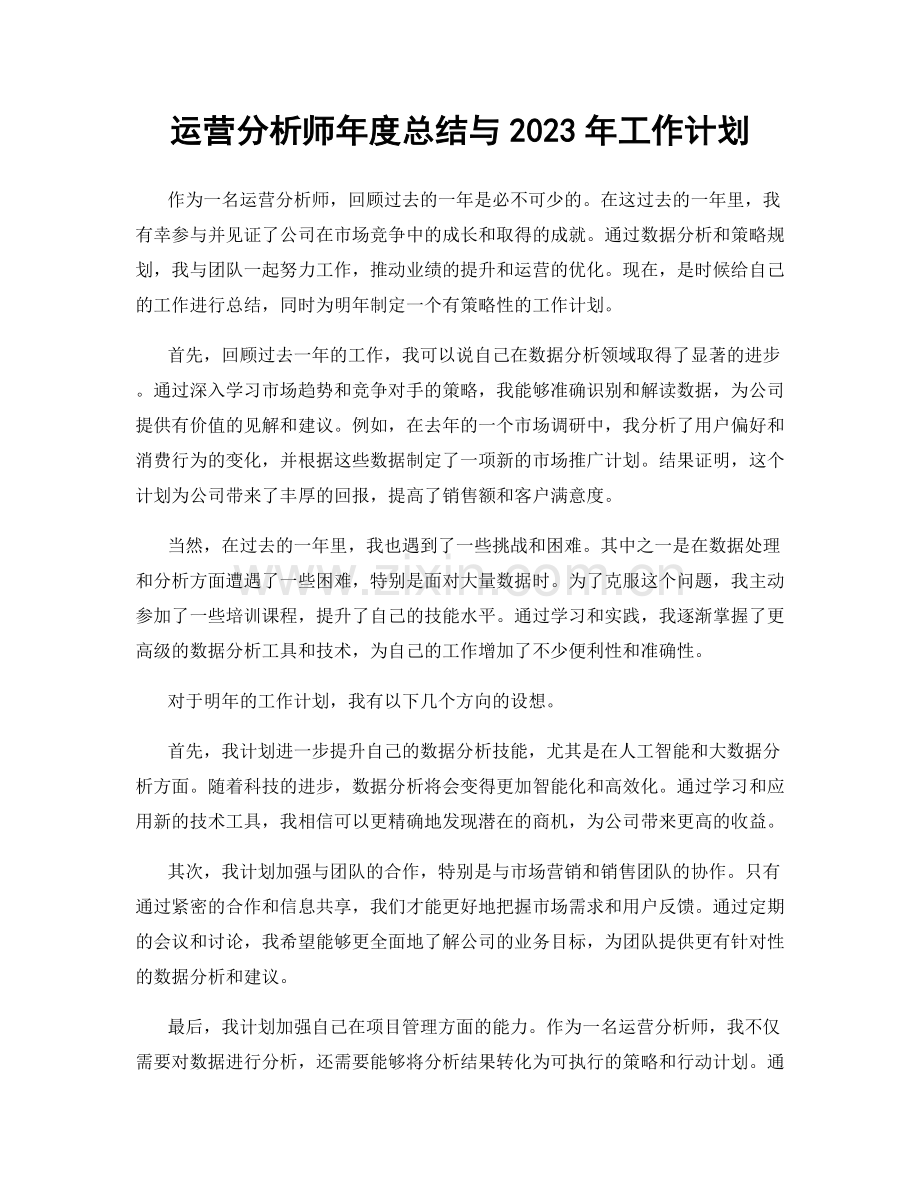 运营分析师年度总结与2023年工作计划.docx_第1页