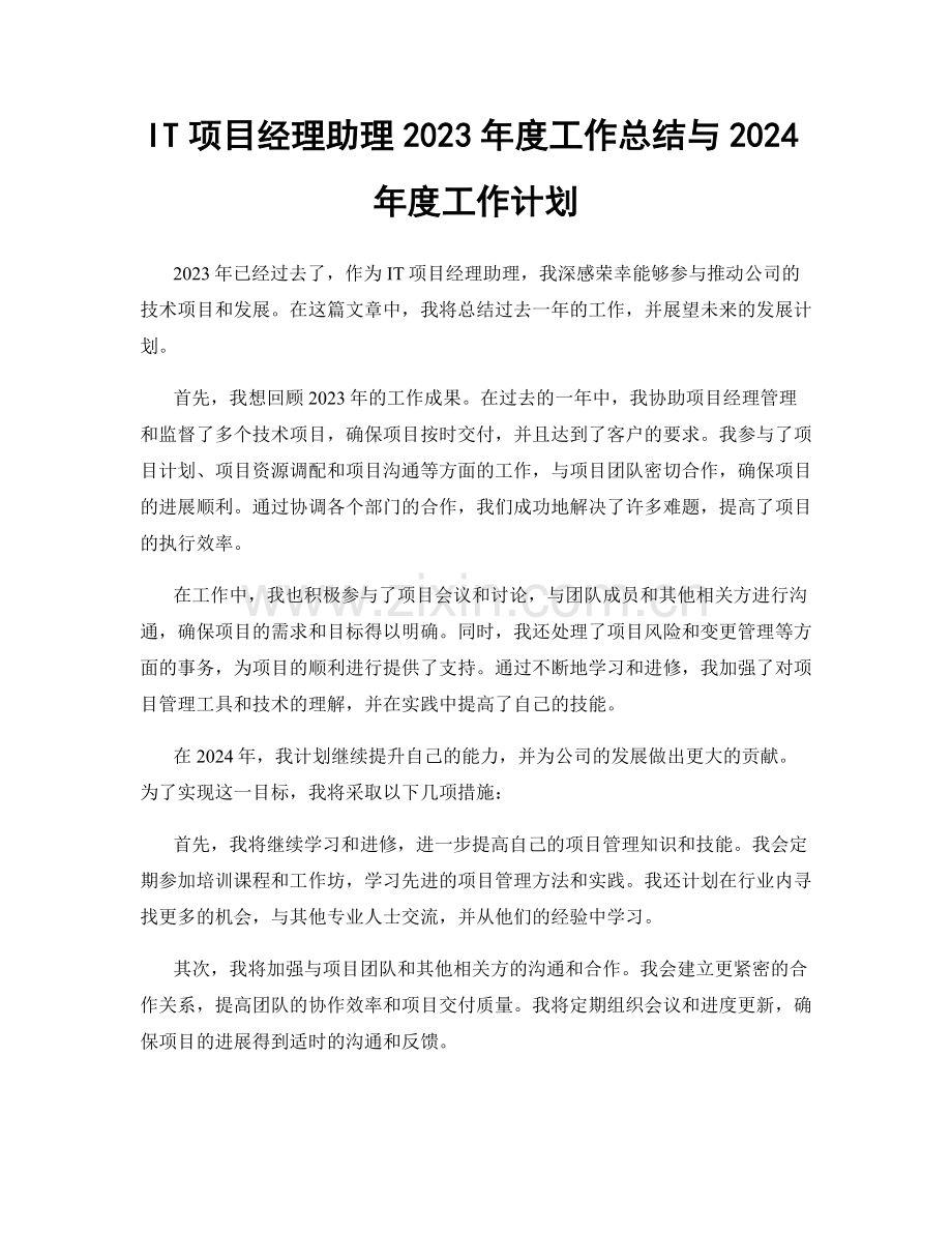 IT项目经理助理2023年度工作总结与2024年度工作计划.docx_第1页