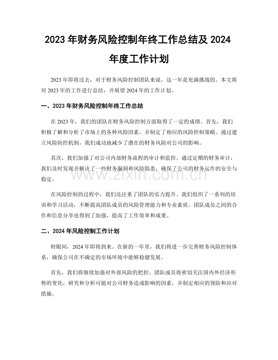 2023年财务风险控制年终工作总结及2024年度工作计划.docx_第1页