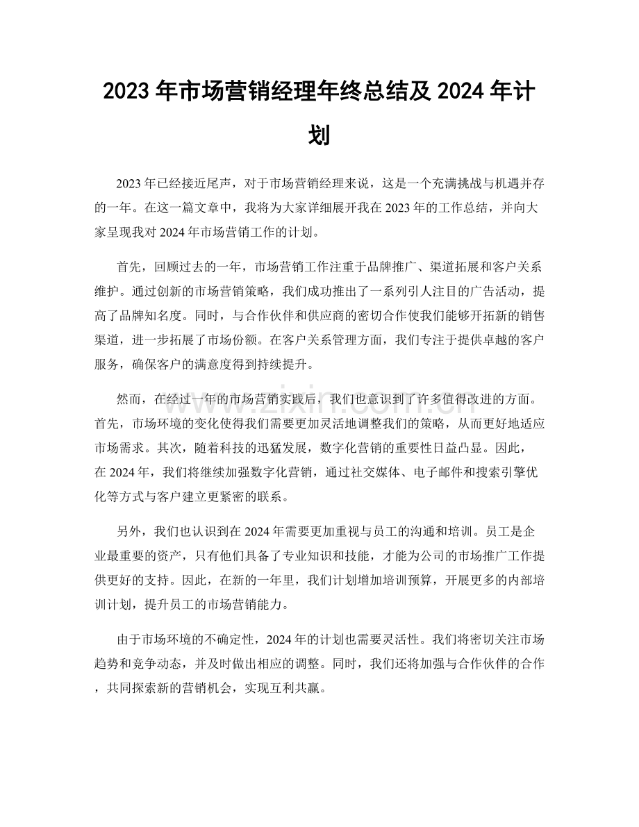 2023年市场营销经理年终总结及2024年计划.docx_第1页